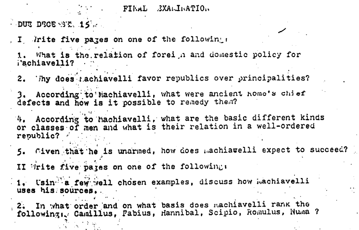 ls_foundation's tweet photo. Strauss's final exam on Machiavelli (Political Science 303, University of Chicago, Spring quarter 1952)