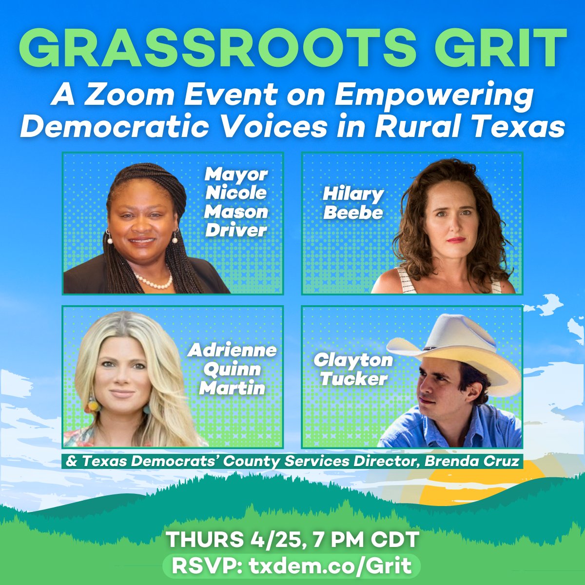Join us for a deep-dive into empowering rural Democratic voices with: ☀️ Mayor Nicole Mason-Driver of Malakoff, TX ☀️ Co-Founder of Big Bend Democrats PAC @HilaryBeebe ☀️ Hood County Chair @MrsAMartini ☀️ Lampasas County Chair @ClaytonTuckerTX RSVP: txdem.co/Grit🌱