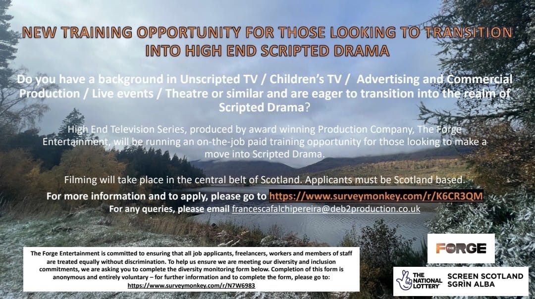 My latest project has some paid training opportunities up in Scotland! More info for those that are interested 🤟 @screenscots surveymonkey.com/r/K6CR3QM