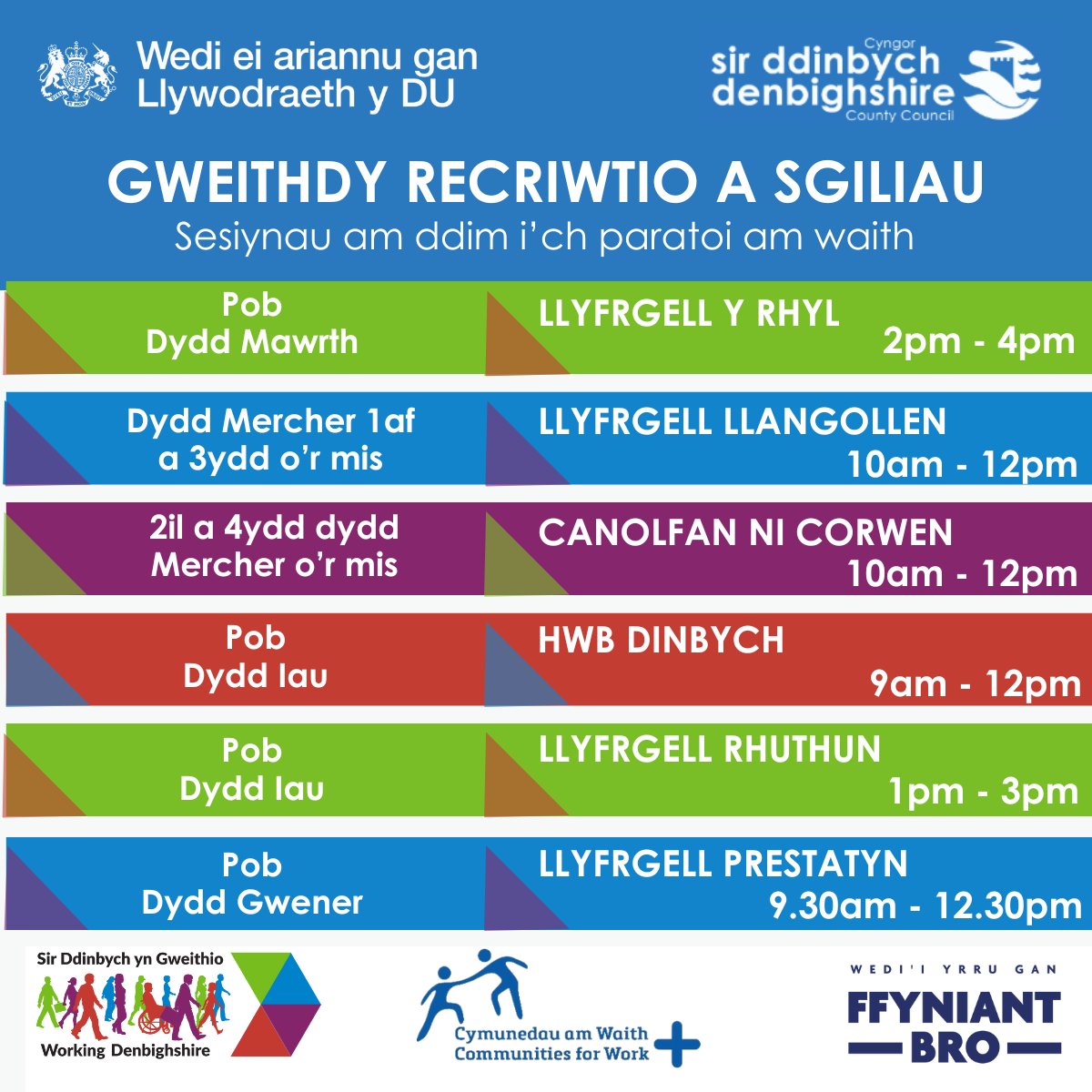 Fory, fe fyddwn ni yn Hwb Dinbych rhwng 9am - 12pm yn cynnig sesiynau AM DDIM i unrhyw un yn Sir Ddinbych. Gallwn eich help chi i – 💻Gael hyfforddiant ar-lein ✍️ysgrifennu eich datganiad personol 🗣️ Wella eich technegau cyfweliad ✅ a llawer mwy!