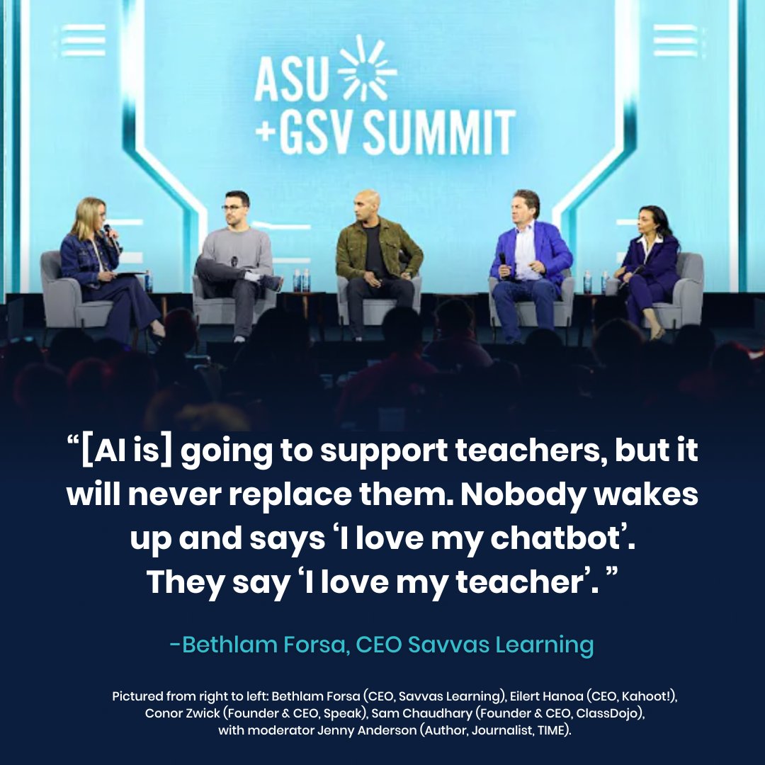 SavvasLearning's tweet photo. Savvas CEO @BethlamForsa, speaking on the @asugsvsummit panel “AI Revolution in Digital Education,” said AI will help deliver unprecedented personalized learning but will never replace those “who make the magic happen in the classroom.” https://t.co/3QhmdJ3gdm 

#edleaders https://t.co/8I6qz80OX5