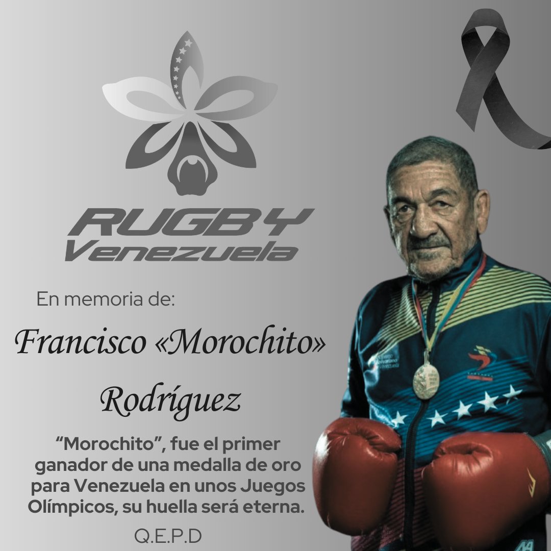 La Federación Venezolana de Rugby se une al luto que embarga al Deporte Venezolano por el sensible fallecimiento de nuestra Gloria Deportiva, Francisco "Morochito" Rodríguez.
. 
Expresamos nuestras condolencias a sus familiares, amigos y a toda la familia del deporte nacional.