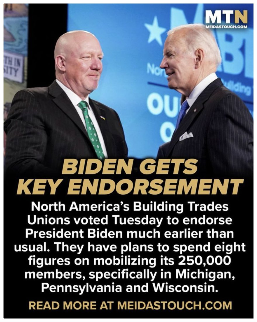 Building Trades president Sean McGarvey said Biden is “almost like the perfect leader was sent at the perfect time for working people.' The building trades union also has a long history with Trump in the private sector, going back to working on projects together directly and