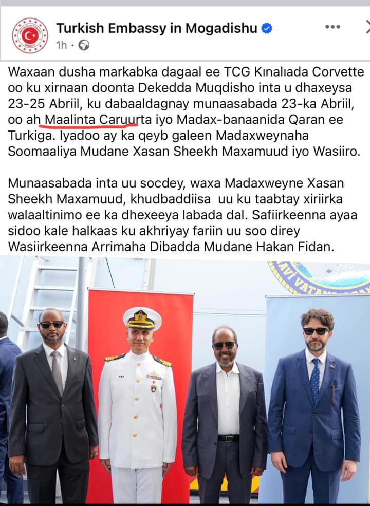 Somalidu waxay  kumah mahda 'melkasta kamuuqo walagu munad beela '. 

Dowlada #Birmade waxay shegtay markanka shalay kusoxirtay #muqdisho inu yahay mid uyimi dhaqan galinta heshiska dhexmaray #Somalia iyo #Turkey . 
Saka ayay Safarida #Turkey ayana shegtay inu markabku udabal…