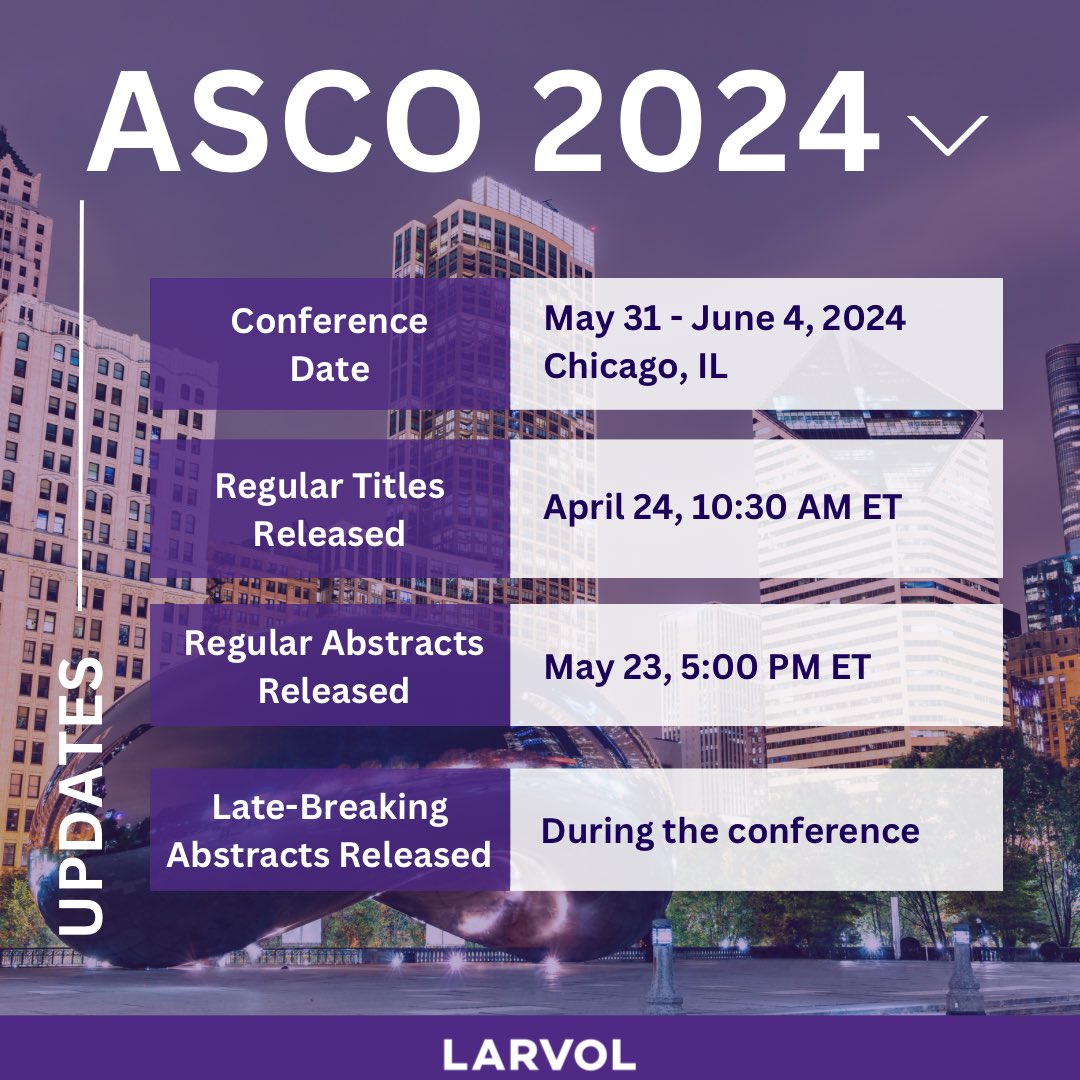 Get ready for @ASCO 2024! 🏙️ Join us in Chicago from May 31 - June 4. The latest session titles have been released and it’s shaping up to be an insightful event for the oncology community. Stay tuned for more updates! 💫 #ASCO24 #LARVOL #Oncology #CancerResearch