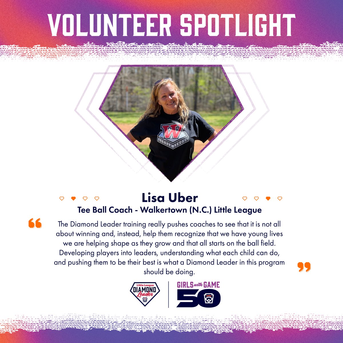 In over two decades as a volunteer Little League coach, Lisa Uber has coached across all divisions of play. Though her own kids and grandkids are grown up, Ms. Uber continues to Tee Ball coach at Walkertown Little League.

She is our #LLDiamondLeader for April #GWG50