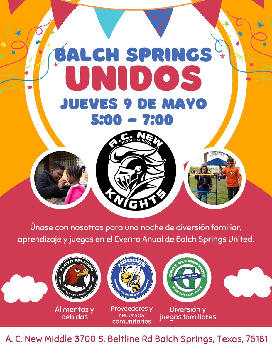 Join
<a href="/ACNew045/">AC New Middle School</a> A.C. New Middle School,
<a href="/FloydElem/">Floyd Elementary</a> Floyd Elementary,
<a href="/edhodgesesmisd/">Ed Hodges Elementary School</a> Hodges Elementary, and Gary Elementary for an evening of family fun, learning, and games at the Annual Balch Springs United Event.