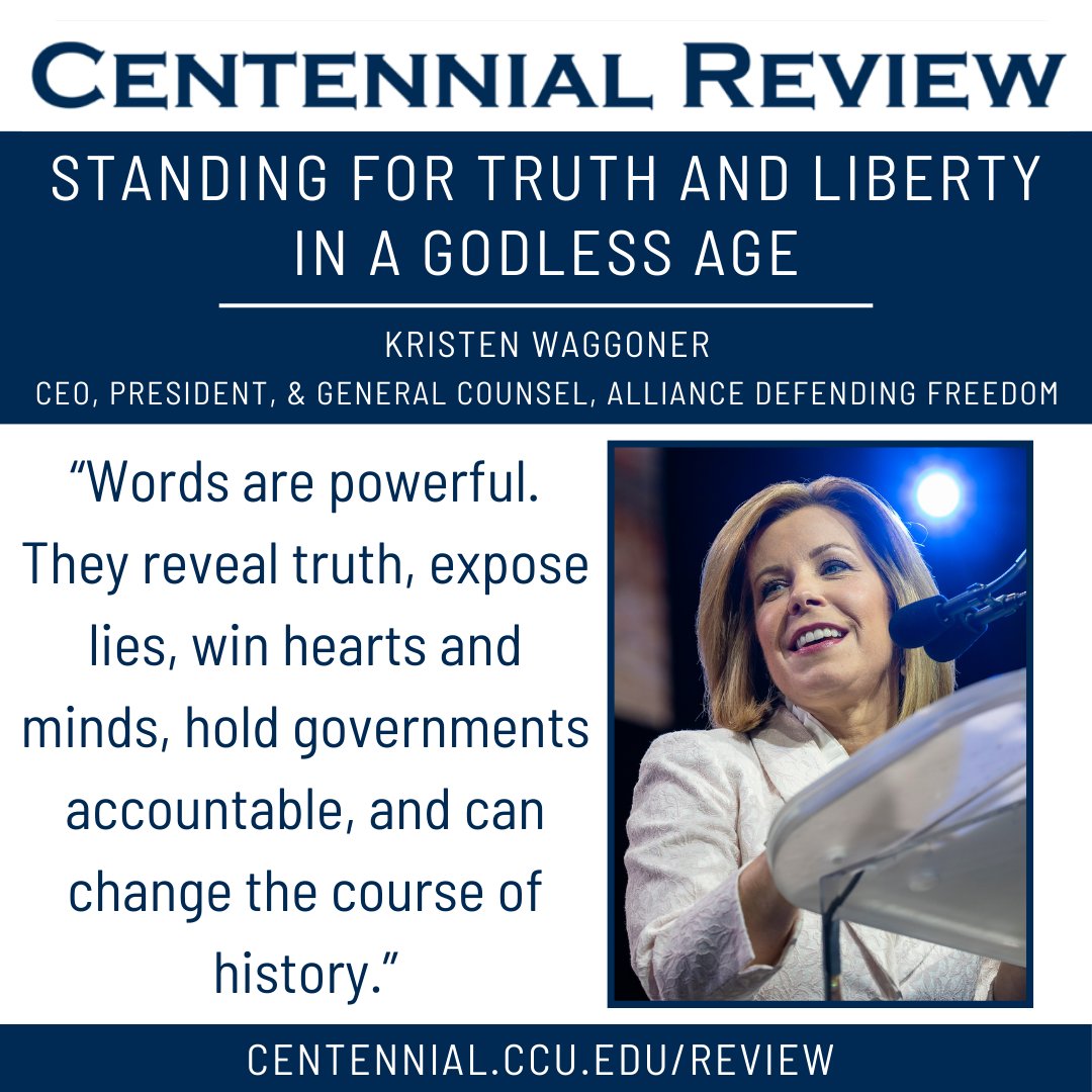 This month's Centennial Review is a must-read! @KWaggonerADF talks about the importance of using our freedoms to stand for truth and the great work of @ADFLegal. 

Read now: centennial.ccu.edu/review

#WCS23 #FreeSpeech #ReligiousLiberty #StandforTruth