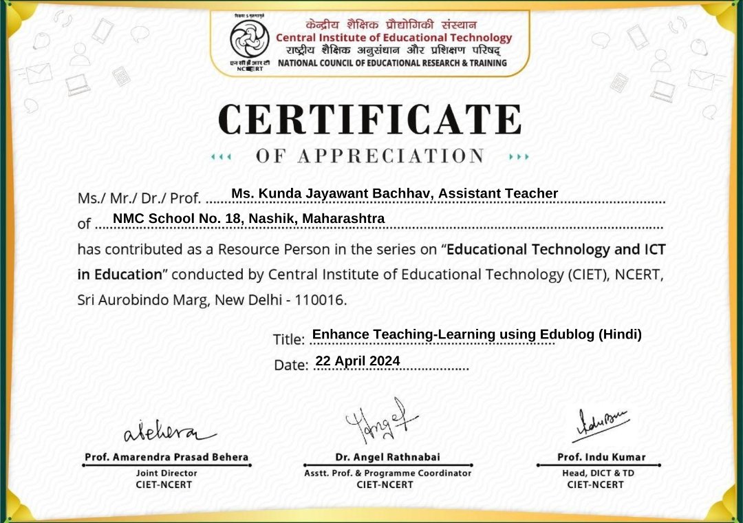 Thank you so much 
Res. <a href="/ap_behera/">Dr. Amarendra P Behera</a> sir,  <a href="/InduKum47907915/">Indu Kumar</a> mam ,  
 <a href="/angelrathnabai/">Angel Rathnabai</a>  mam and whole  team of <a href="/ciet_ncert/">CIET-NCERT</a>  Delhi for the great opportunity with big platform of <a href="/ciet_ncert/">CIET-NCERT</a>  to share our educational ideas with the teachers from all over India .
<a href="/my_nmc/">mynmc</a>
<a href="/EduMinOfIndia/">Ministry of Education</a>
