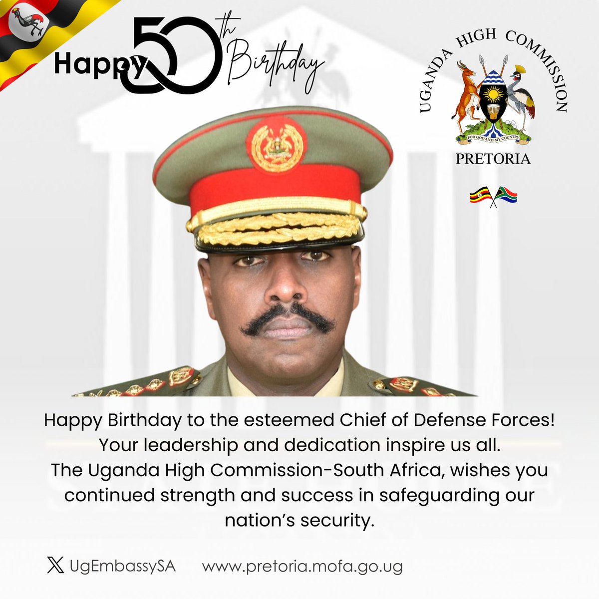 Happy Birthday to the esteemed Chief of Defense Forces @MKainerugaba! Your leadership and dedication inspire us all. The Uganda High Commission-South Africa-@UGEmbassySA wishes you continued strength and success in safeguarding our nation’s security. @UgandaMOFA @AmoruPaul