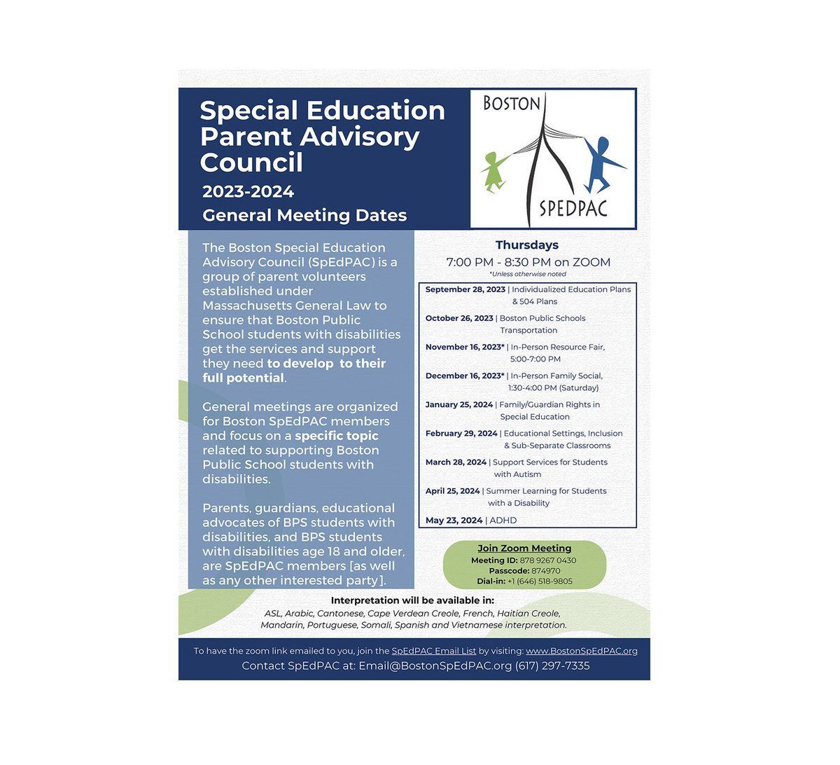 Boston SpedPac (@bostonspedpac) on Twitter photo BPS families: Join us! SpEdPAC Mtg: Thur, April 25, 7p
on Summer Learning for Students with a Disability
Zoom: bit.ly/928SpEdPAC
Interpretation will be available.
Learn more: BostonSpEdPAC.org.
Send any questions to: Email@BostonSpEdPAC.org BPS families: Join us! SpEdPAC Mtg: Thur, April 25, 7p
on Summer Learning for Students with a Disability
Zoom: bit.ly/928SpEdPAC
Interpretation will be available.
Learn more: BostonSpEdPAC.org.
Send any questions to: Email@BostonSpEdPAC.org