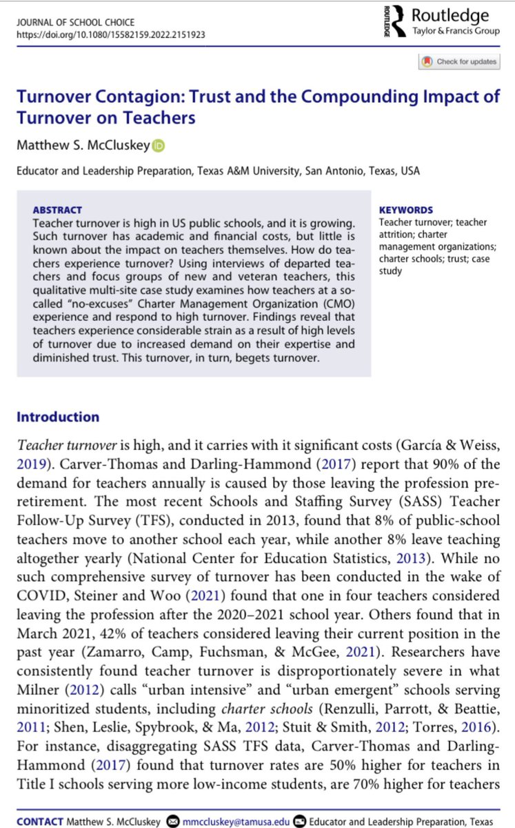 Turnover Contagion: trust & the compounding impact of turnover on teachers Interesting paper. Summary: researchoutreach.org/articles/teach… “McCluskey’s findings add empirical support for the value of effective professional development, autonomy, and strong teacher–student relationships.”👏🏻