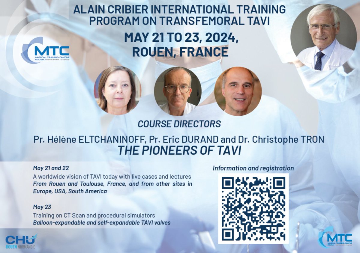 Alain Cribier International Training 💓 3 Days Live TAVI sessions 🗓 21 -23 May 🌏 From different centers in 🇫🇷 France, 🇺🇸 USA, 🇨🇭Switzerland, 🇧🇷 Brazil & 🇦🇷 Argentina 🎖 Distinguished interventional cardiologists and radiologists 🏛 On-line sessions / On-site Registration 👇