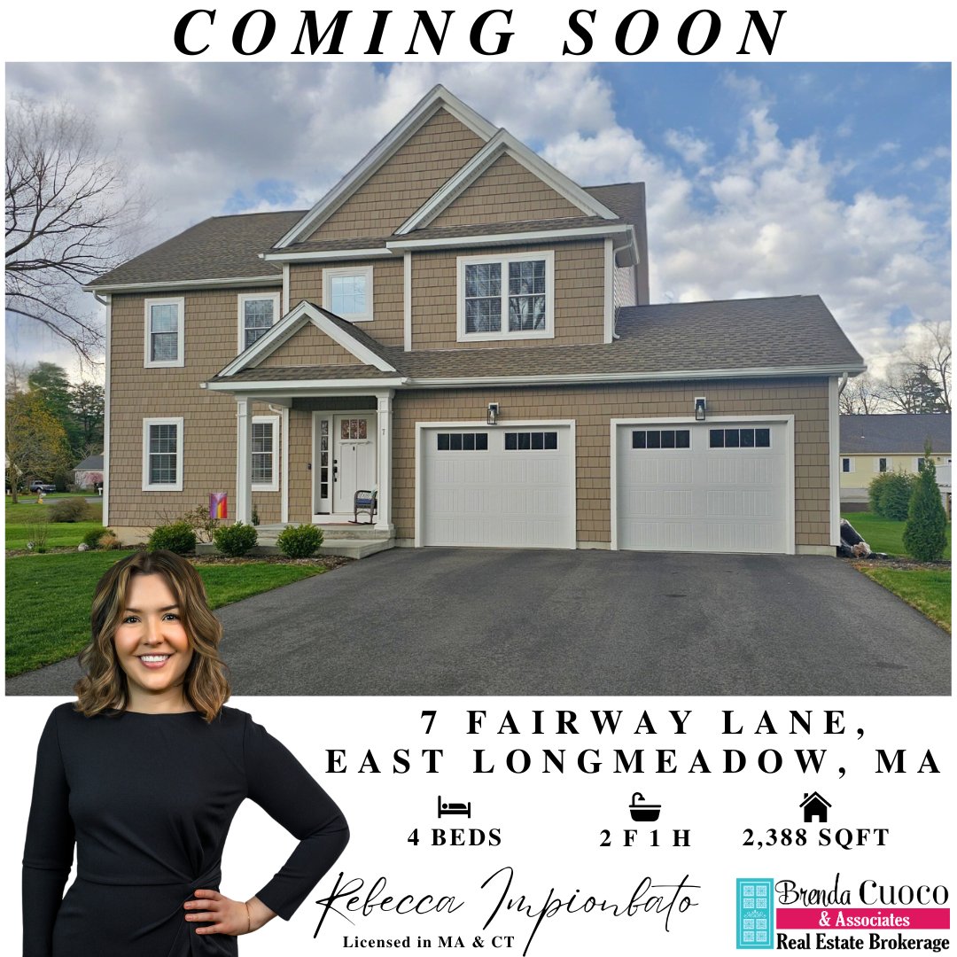 🗝️ Coming Soon to East Longmeadow & Upcoming Open House! 
📍7 Fairway Lane, East Longmeadow, MA 

🏡 Join us at the Open House Saturday, 5/4 from 11:00 AM-1:00 PM with Sarah Cosby & Rebecca Impionbato or call Rebecca for more details! 📞413-896-8644