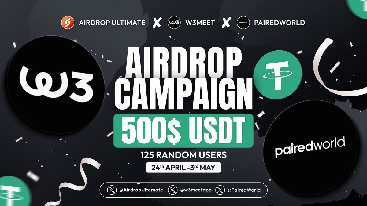 New Airdrop: w3meet & Paired World Reward: $500 USDT Distribution: 4th May 🔗Airdrop Link: taskon.xyz/campaign/detai… -Complete all tasks of the airdrop -Connect Your BSC Wallet Address -For 125 Random Lucky Peoples -Done #Airdrop #TaskOn #Crypto #w3meet #PairedWorld #USDT #BSC