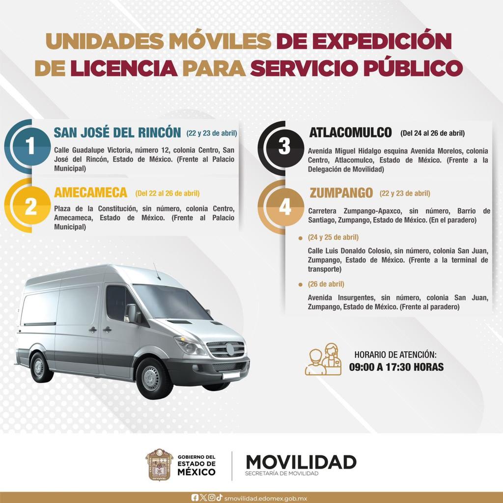 #MovilidadParaTodos, las Unidades Móviles de Expedición de Licencia de Servicio Público, estarán en los siguientes municipios. Te invitamos a consultar los requisitos en: smovilidad.edomex.gob.mx/licencias_perm…