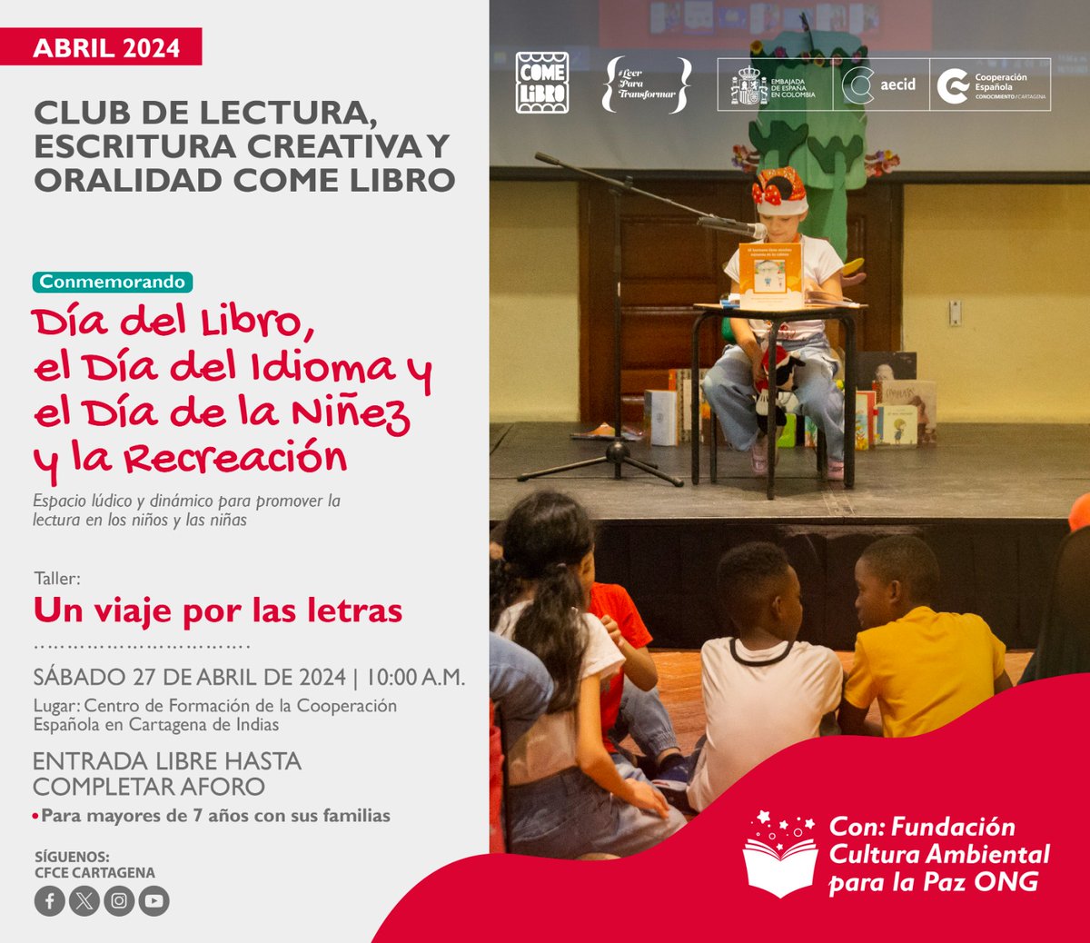 CFCECartagena's tweet photo. 📚No te pierdas este sábado 27 de abril en el Club de Lectura, Escritura Creativa y Oralidad #ComeLibro de la #CooperaciónEspañola el taller “Un viaje por las letras”
👍Para mayores de 7 años con sus familias
📢Entrada gratuita
🕙10:00 am
📍@CFCECartagena https://t.co/6RNj95Xori