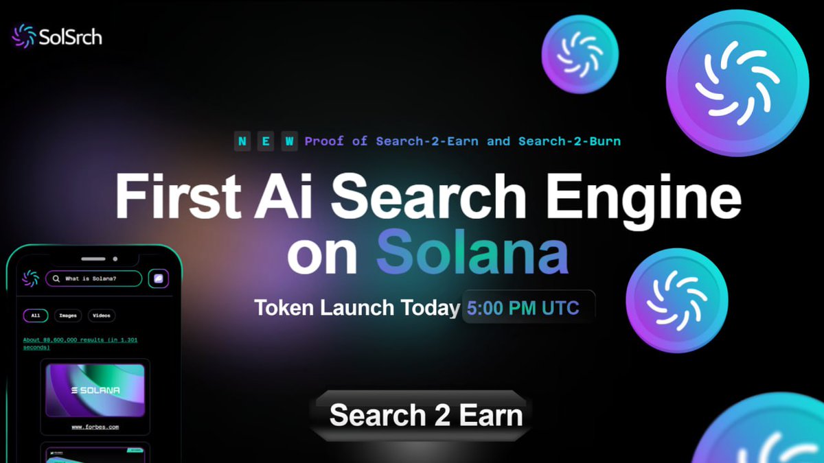 SolSrch is launching in 2 hours 🔥

Listing on Raydium DEX
5:00 pm UTC 

- Backed by @SolexLaunchSol 
- Huge post launch marketing
- Search 2 Earn Dapp is Live 
- New product feature release after launch 🚀 

CA will be posted in the telegram:
t.me/SolSrch

#solana