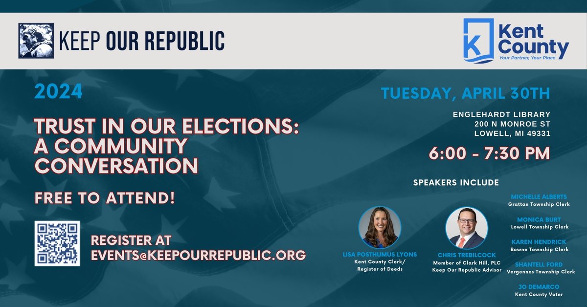 Join us TOMORROW April 30 in KENT COUNTY, MICHIGAN. 🇺🇸 Join us for a FREE Community Conversation in Lowell, MI with @KentCountyClerk and your local township clerks and election experts Ask questions & get answers about your elections. Everyone is welcome.