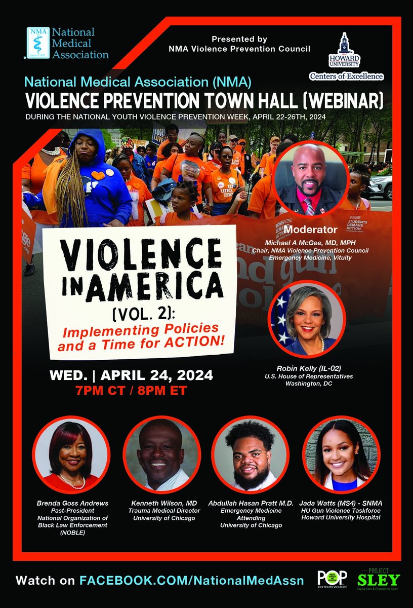 Join NMA, Howard University & POP for an Essential Conversation - Violence Prevention Town Hall Webinar this National Youth Violence Prevention Week APRIL 22-26th! Date: TONIGHT, April 24, 2024 Time: 7:00 PM CT / 8:00 PM ET REGISTER: bit.ly/4aXEyn3