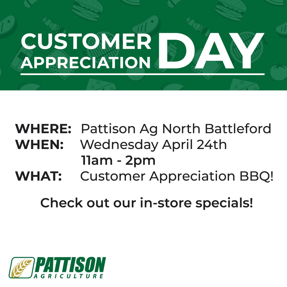 Come join us at our North Battleford location today from 11AM - 2PM for a Customer Appreciation BBQ! While you are there check out our incredible in-store specials! See you later! 📍 North Battleford, SK #PattisonAg