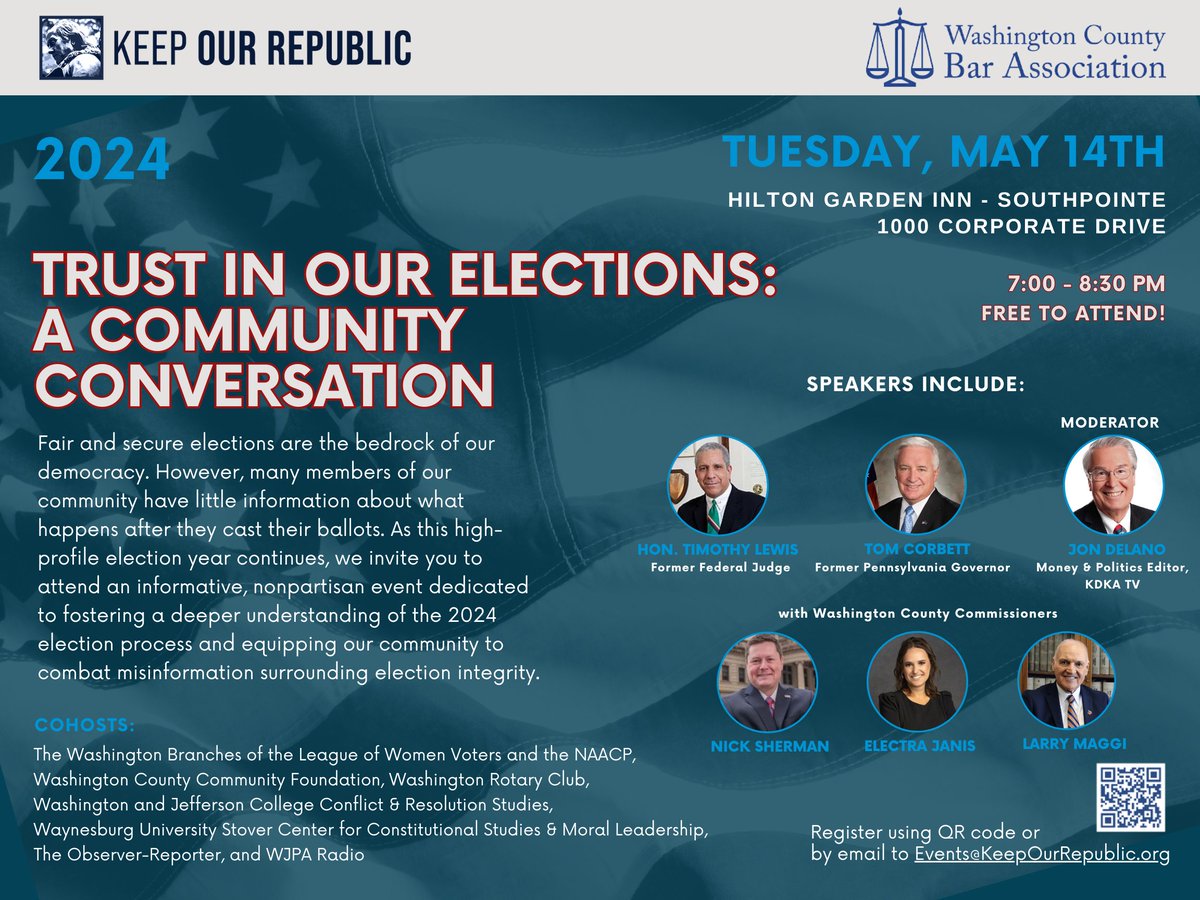 Have questions about elections in the Keystone State? Join local Washington County Commissioners, Former Gov. Corbett & more experts to answer your election questions and talk about building trust in the electoral process. 🗓️ May 14 in Southpointe, PA . #Pennsylvania