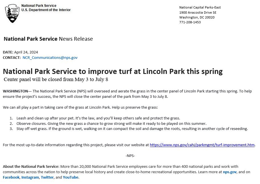 National Park Service announces they’re closing the central portion of Lincoln Park from May 3 to July 8 for “turf restoration”. Because maybe this is the time that it’ll work?