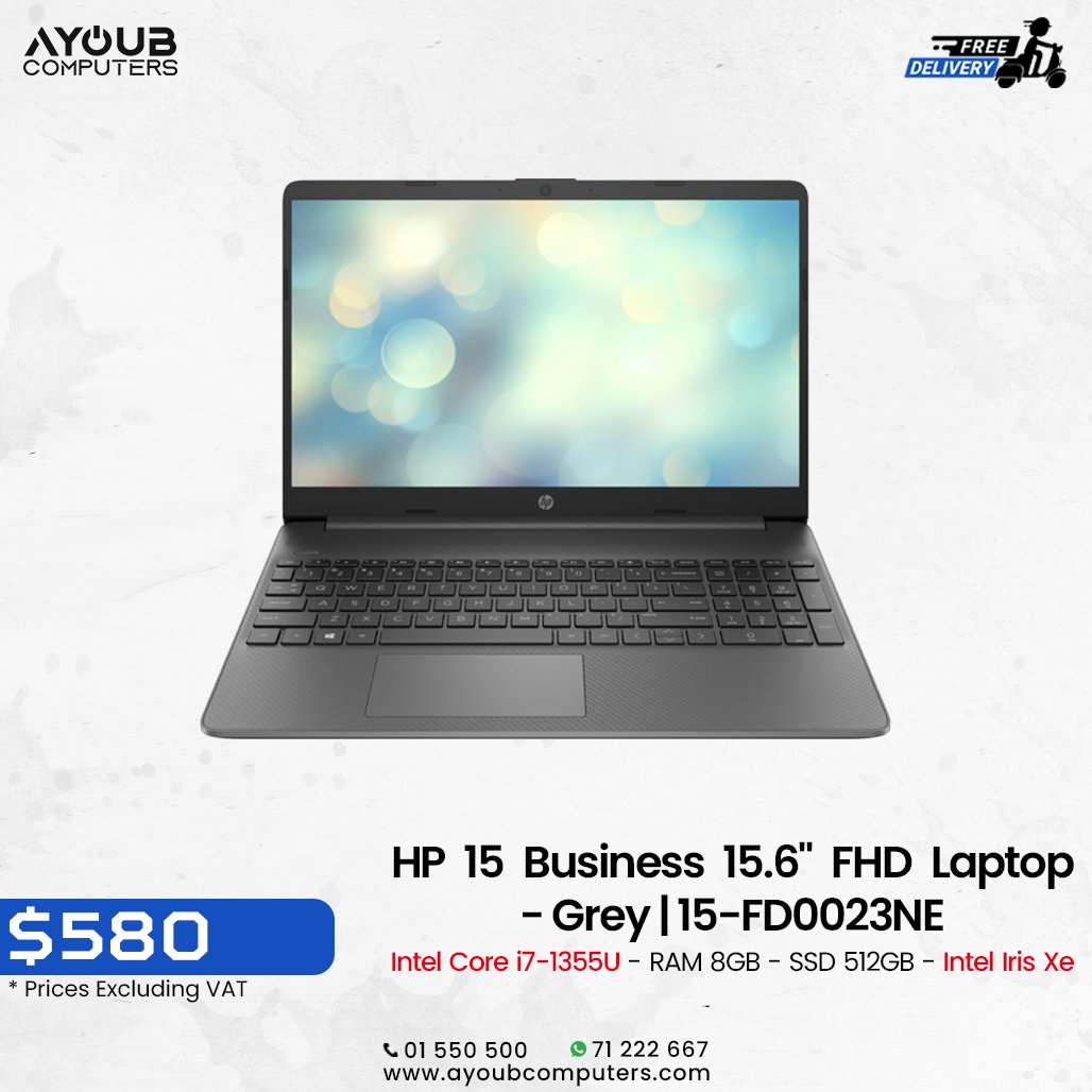 Empower your business endeavors with the HP 15 Business Laptop - Intel Core i7, 8GB RAM, 512GB SSD, and Intel Iris Xe graphics. Sleek design, formidable performance. #HP #BusinessTech #EfficiencyBoost

Get yours now at AYOUB COMPUTERS.