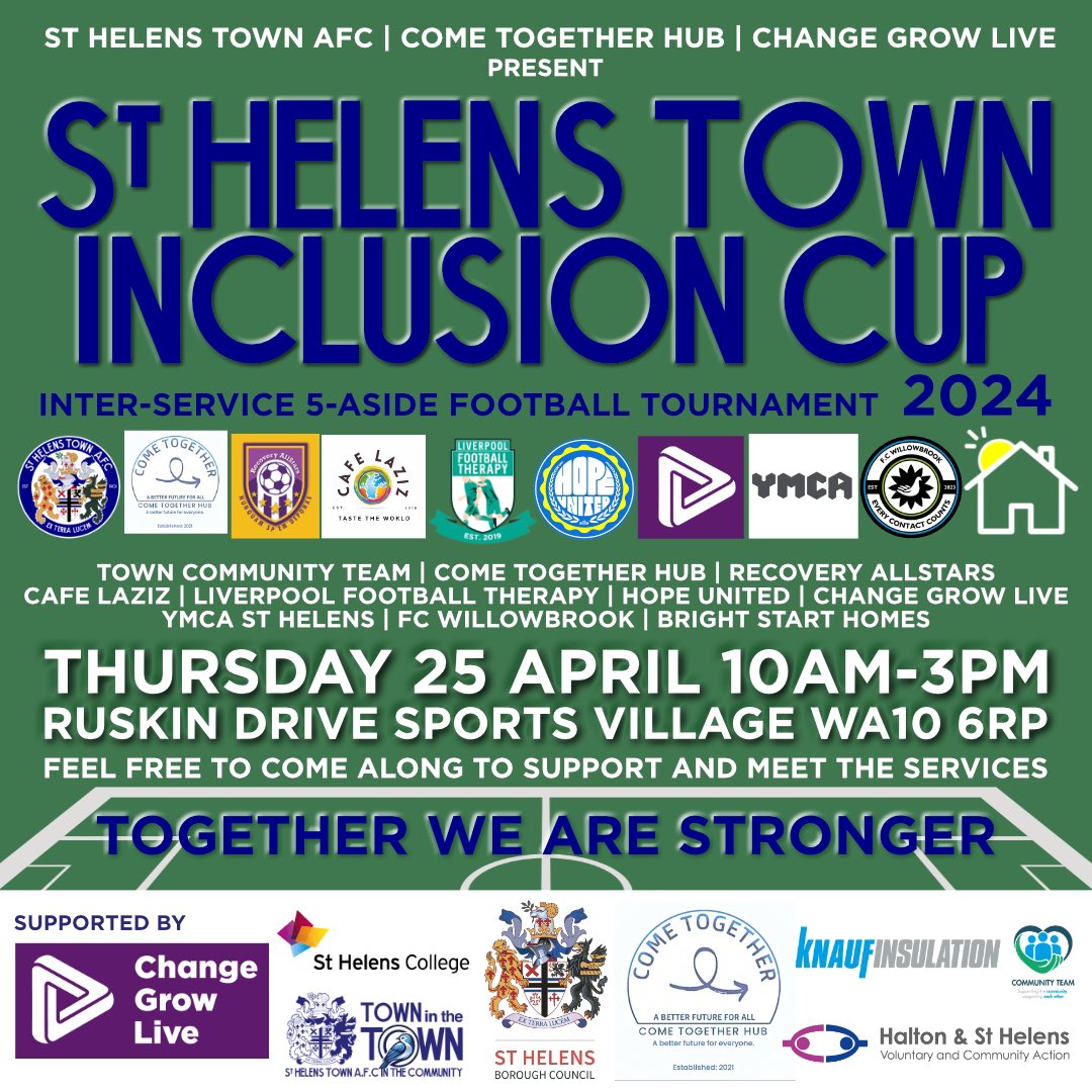 ⚽️Tomorrow see’s the inaugural Inclusion Cup. Feel free to come along to cheer on the sides and learn more about their services. Many thanks to @sthelenscouncil for making it possible. #sthelenstogether #MentalHealthAwareness #addictionrecovery #EqualityForAll 💙🏳️‍🌈⚽️🎗️🤕🌍