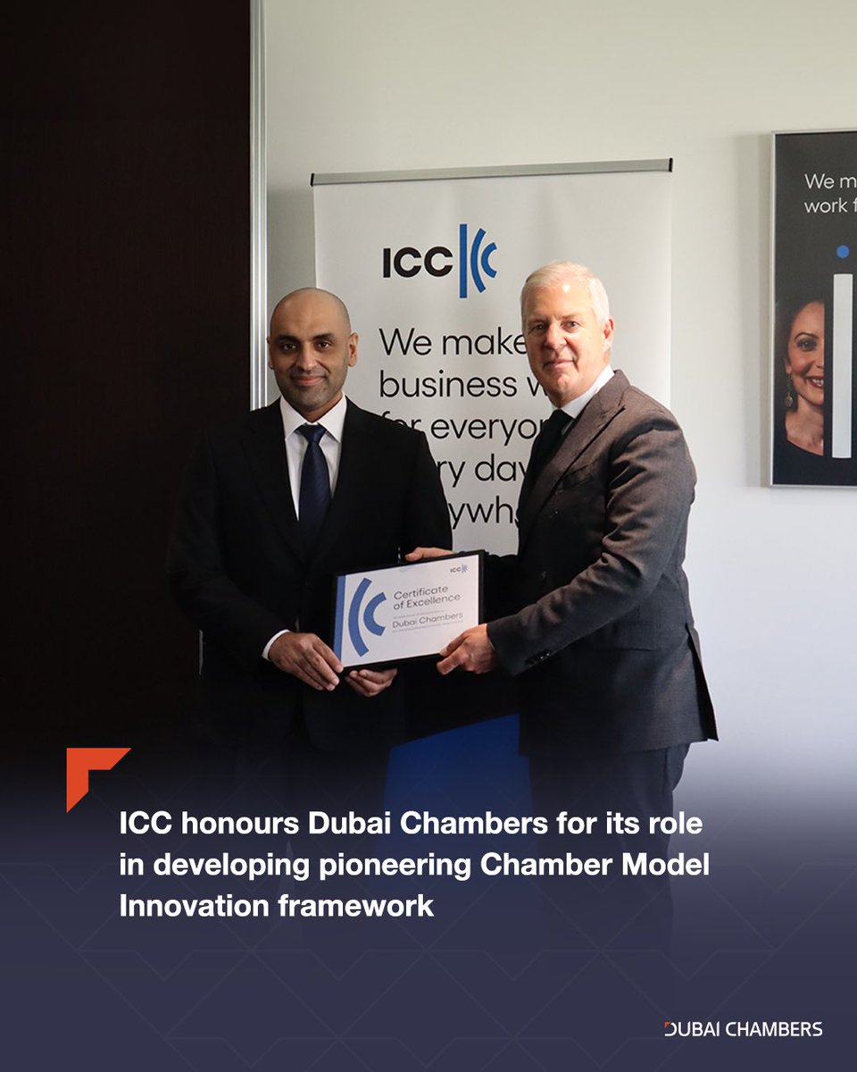 We are pleased to announce that we have been honoured by @iccwbo for our pioneering role in developing the Chamber Model Innovation (CMI) framework, which is designed to fast-track innovation at chambers around the world. To read more: dubaichambers.com/en/news/icc-ho…