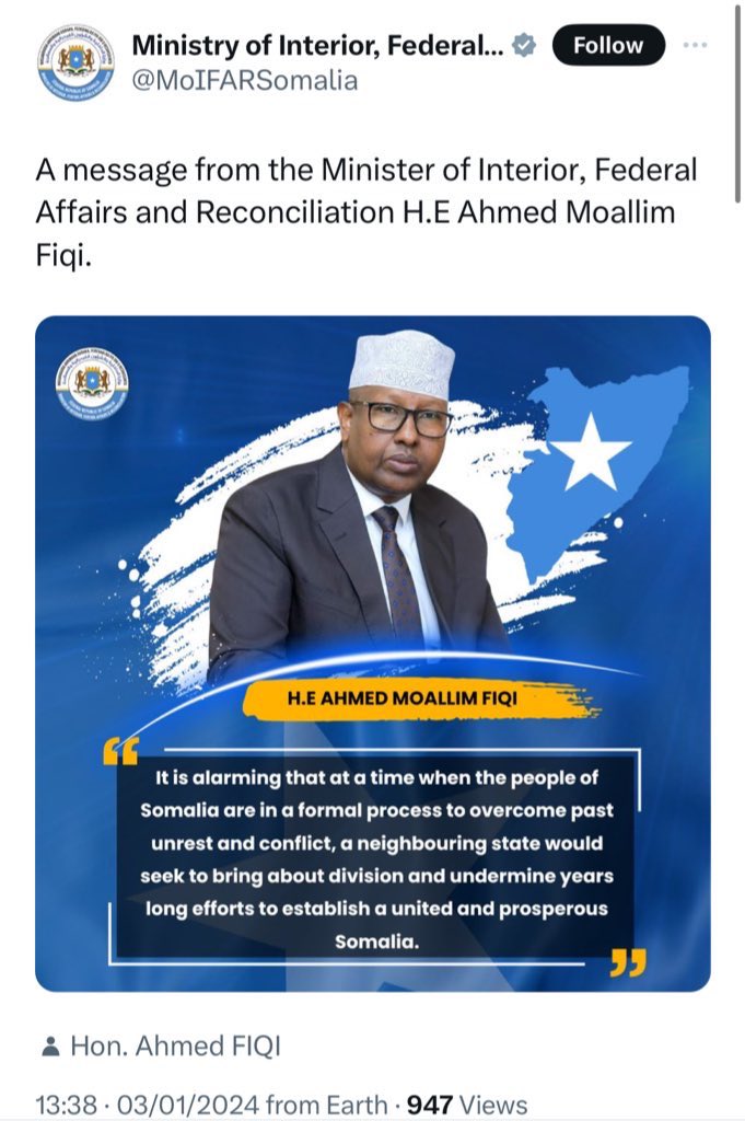 The Somalian Embassy in #Serbia violating the sovereignty and territorial integrity of #Somaliland #Djibouti #Kenya & #Ethiopia once again! 

This is no surprise as it was only a few months ago #Somalia’s now Foreign Minister posted the same image promoting their
