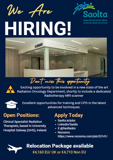 Exciting opportunities available @ University Hospital Galway, Ireland @saoltagroup for posts of Clinical Specialist Radiation Therapist in the new state of the art Radiation Oncology Department. To learn more and apply, please visit rezoomo.com/job/53141/