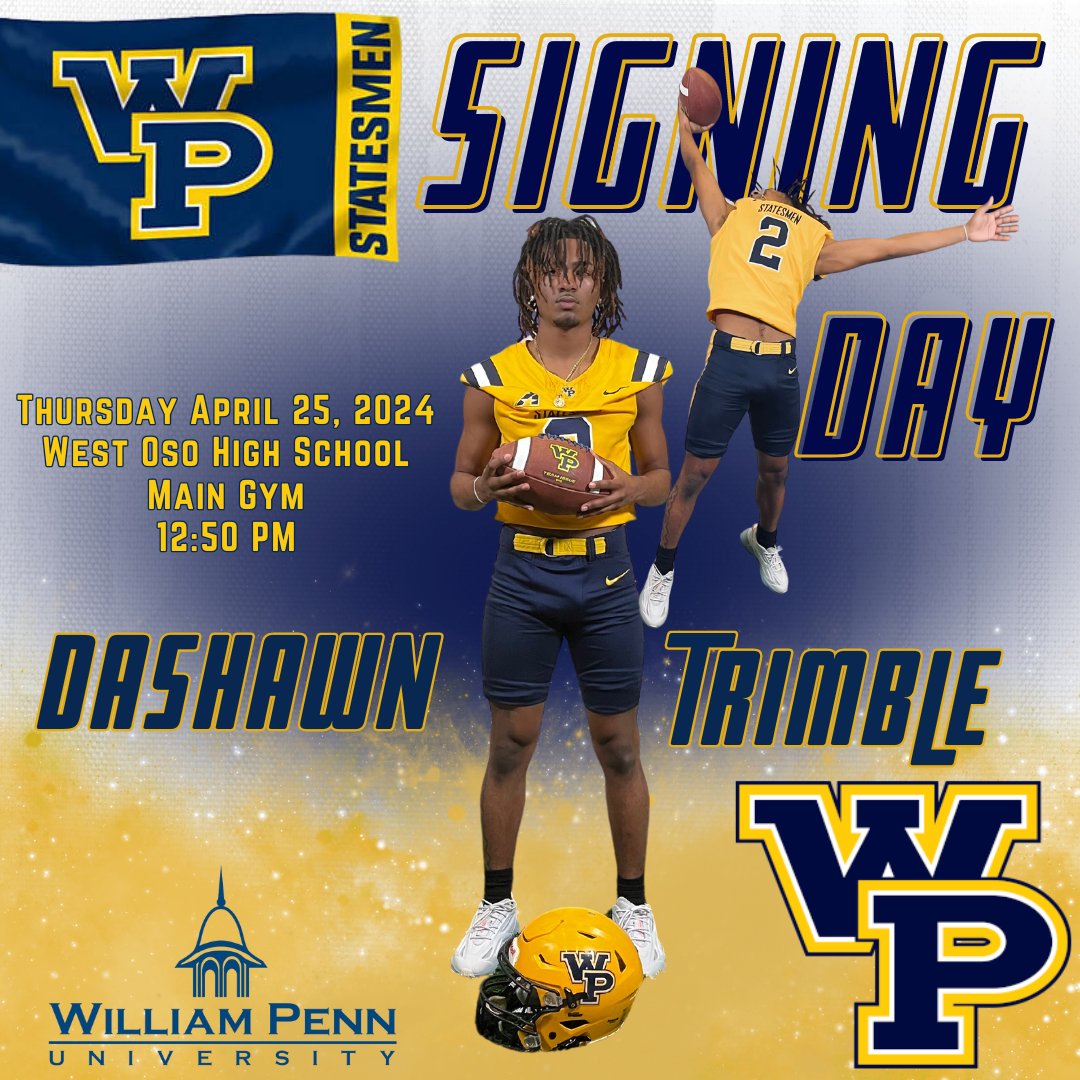 from Athletics:

You are invited to attend a West Oso Athletic Signing for DaShawn Trimble TOMORROW at 12:50 PM in the HS gym.  DaShawn has chosen to attend William Penn University in Oskaloosa, Iowa to embark upon his collegiate football career.

Hope to see you there!