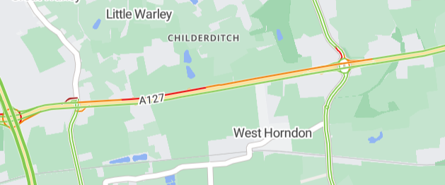 A127 Eastbound - slow moving traffic between J29 (M25) and the Halfway House (A128)