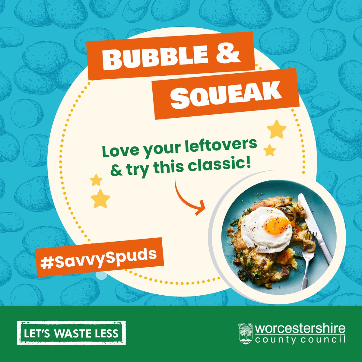 🥔♻️ Get creative with your spud leftovers and turn that mash into a delicious bubble & squeak for breakfast. Check out bit.ly/3N7Sa6o for more savvy spud ideas. 🌟 #SavvySpuds #FoodSavvyWorcestershire #letswasteless #NoFoodWaste #LeftoversRock