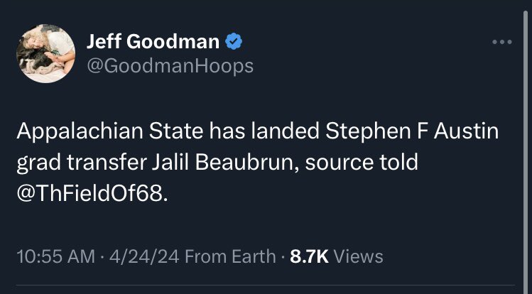 🚨App State has landed Stephen F Austin transfer Jalil Beaubrun, per @GoodmanHoops 

📊The 6’9” F averaged 8 PPG, 4.8 RPG, and shot 41.7% from 3

#AppState #SunBeltMBB #CollegeBasketball