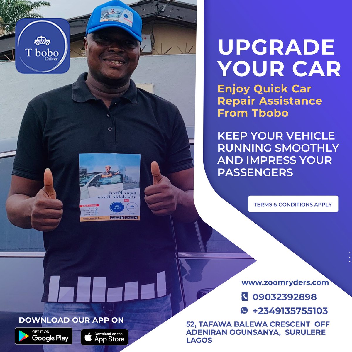 RidesTbobo's tweet photo. Do You need a Cheaper and Comfortable Ride around Lagos?

All you need to do is Download the TBOBO App from Playstore/Appstore and Book a ride with us today🤝

We also offer Repairs Services 
Terms/Conditions applied 

You can contact us for more enquiry:
09032392898
07065127745 https://t.co/I5zvjB3EjX