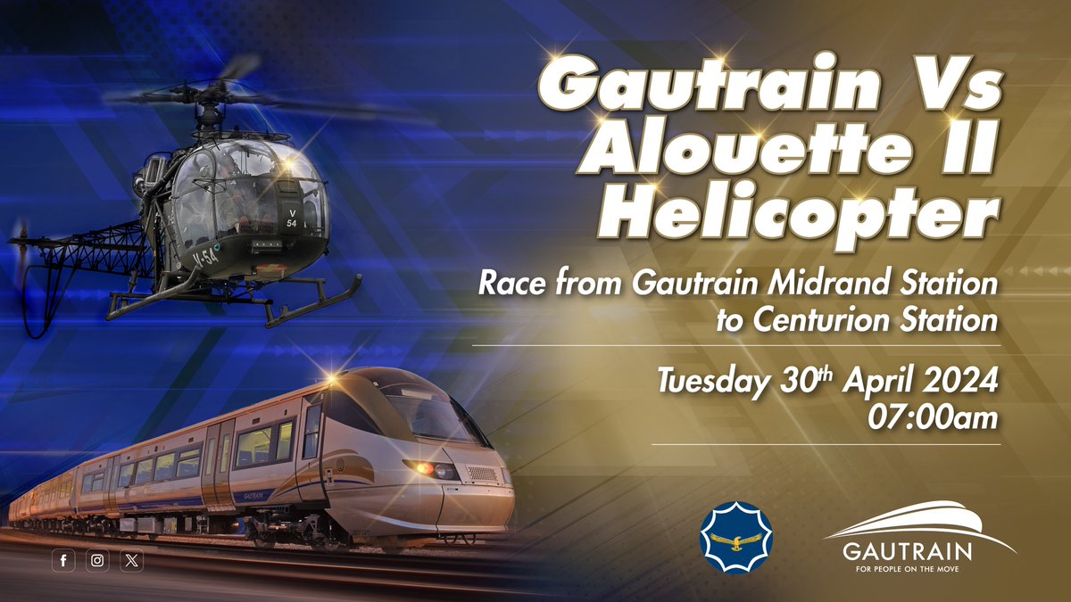 Tomorrow the Gautrain will race the @SANDF_ZA Aloutte II Helicopter from Gautrain Midrand Station to Centurion Station! This is a curtain racer event for the upcoming SAAF Museum Airshow on 4 May 2024.
#GautrainJourneys 
#FreeTheEagle