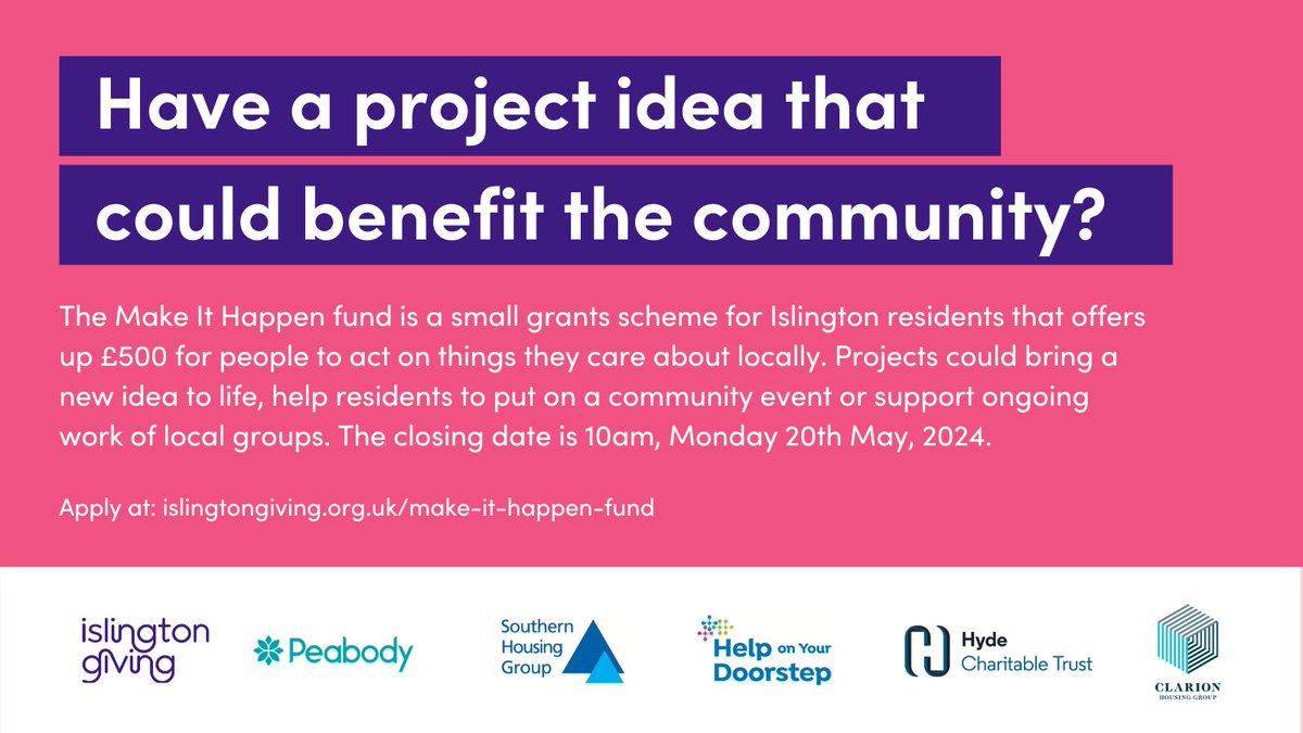 📣 Have an idea for a project that could benefit your community? Interested in creating positive change? Need funding to #MakeitHappen? 🗓️ Apply by Monday 20th May, 10am. ➡️ loom.ly/QTJWFW8 #FundingOpportunity #Funding #Impact #Islington #IslingtonGrants