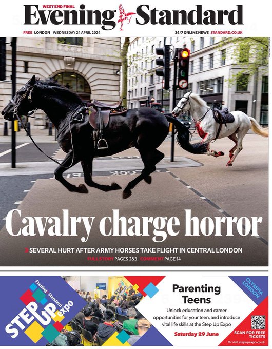 Hope all involved, human & horse, are recovering, but bet The London Evening Standard didn't think they'd get to use the headline 'Cavalry Charge Horror' this century. Or most of the last #halfaleague #HouseholdCavalry