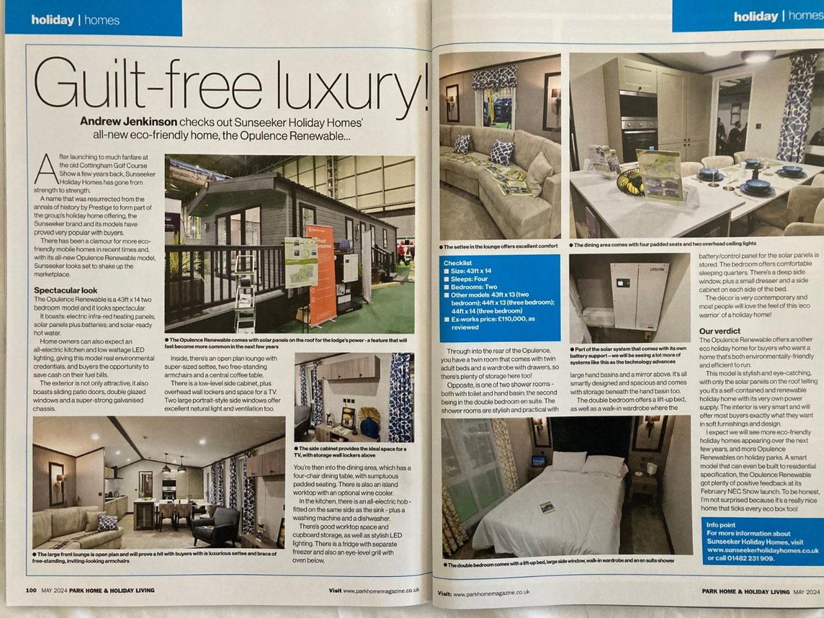 SunseekerHomes's tweet photo. WE'RE FEATURED ‼ 

Thank you to @ParkHomeMag for this fantastic feature on our Opulence Renewable holiday home. 
“..all-new eco-friendly home offering guilt-free luxury”
#ecofriendly #lodges #holidayhomes #renewable https://t.co/JJ2ofrQb6T