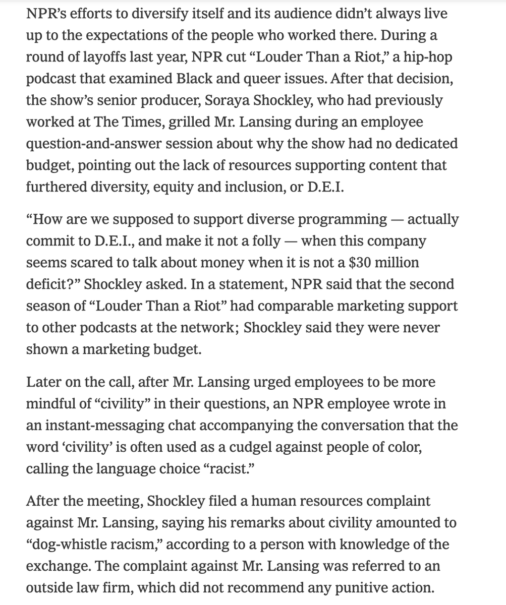 Last year, NPR asked an outside law firm to investigate a human resources complaint against its C.E.O., John Lansing, after an employee accused him of 'dog-whistle racism.' Here's what happened: nytimes.com/2024/04/24/bus…