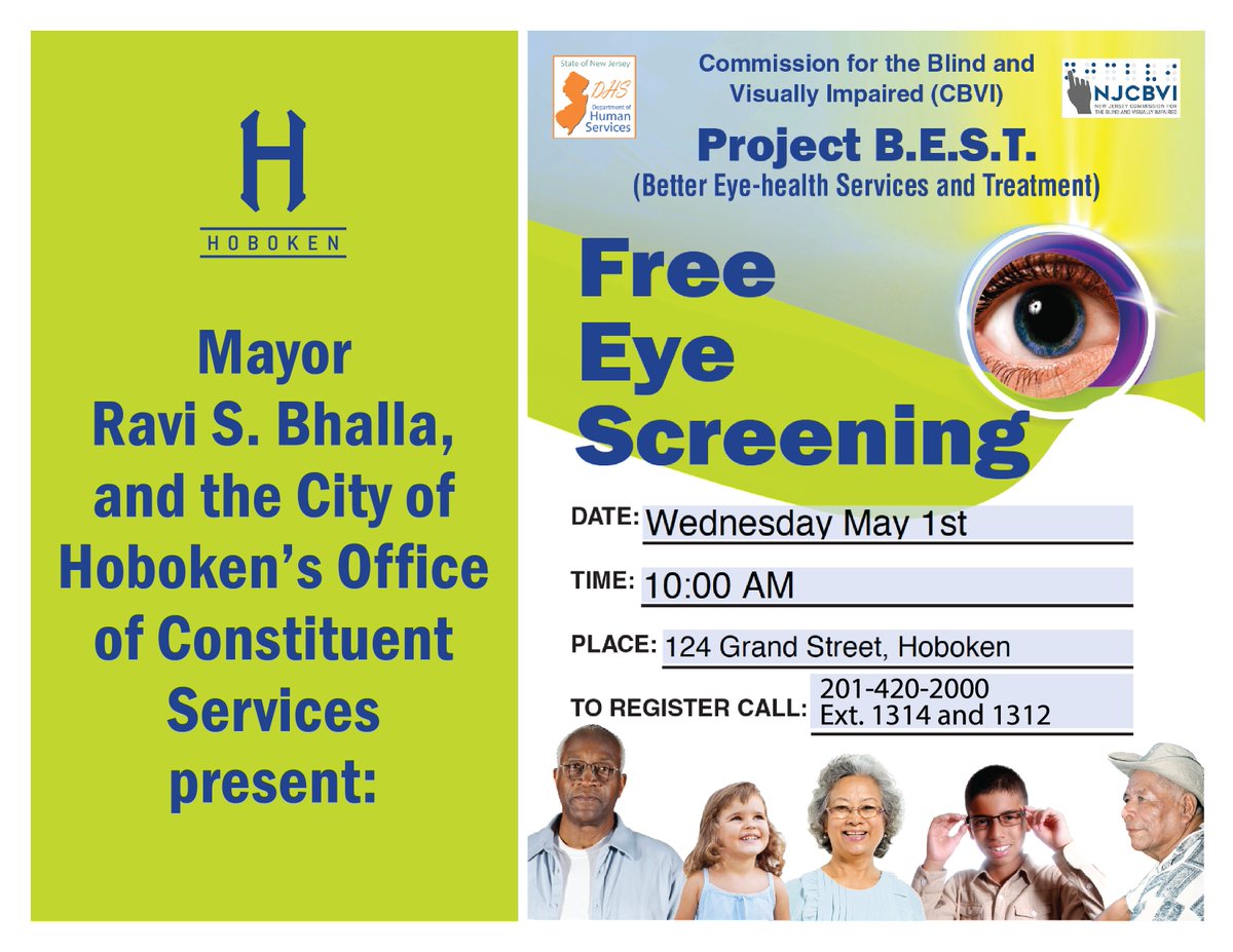 👁️The @CityofHoboken Office of Constituent Services is partnering with the NJ Commission for the Blind & Visually Impaired to offer FREE eye screenings for residents. May 1, 2024. 10am. Appointments are required & can be made by calling (201) 420-2000 Ext. 1314 or Ext. 1312.