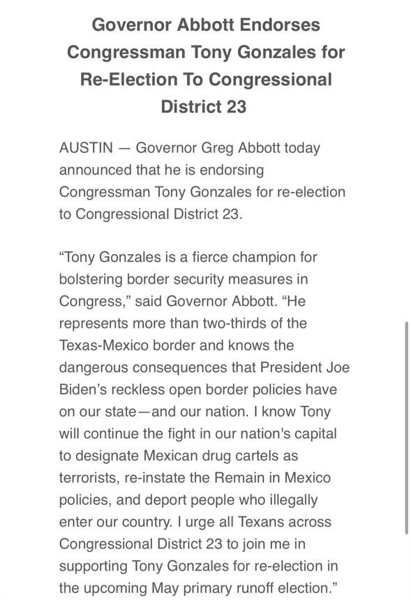 NEW: Texas Gov. Greg Abbott endorsing Rep. Tony Gonzales ahead of May 28 primary runoff election