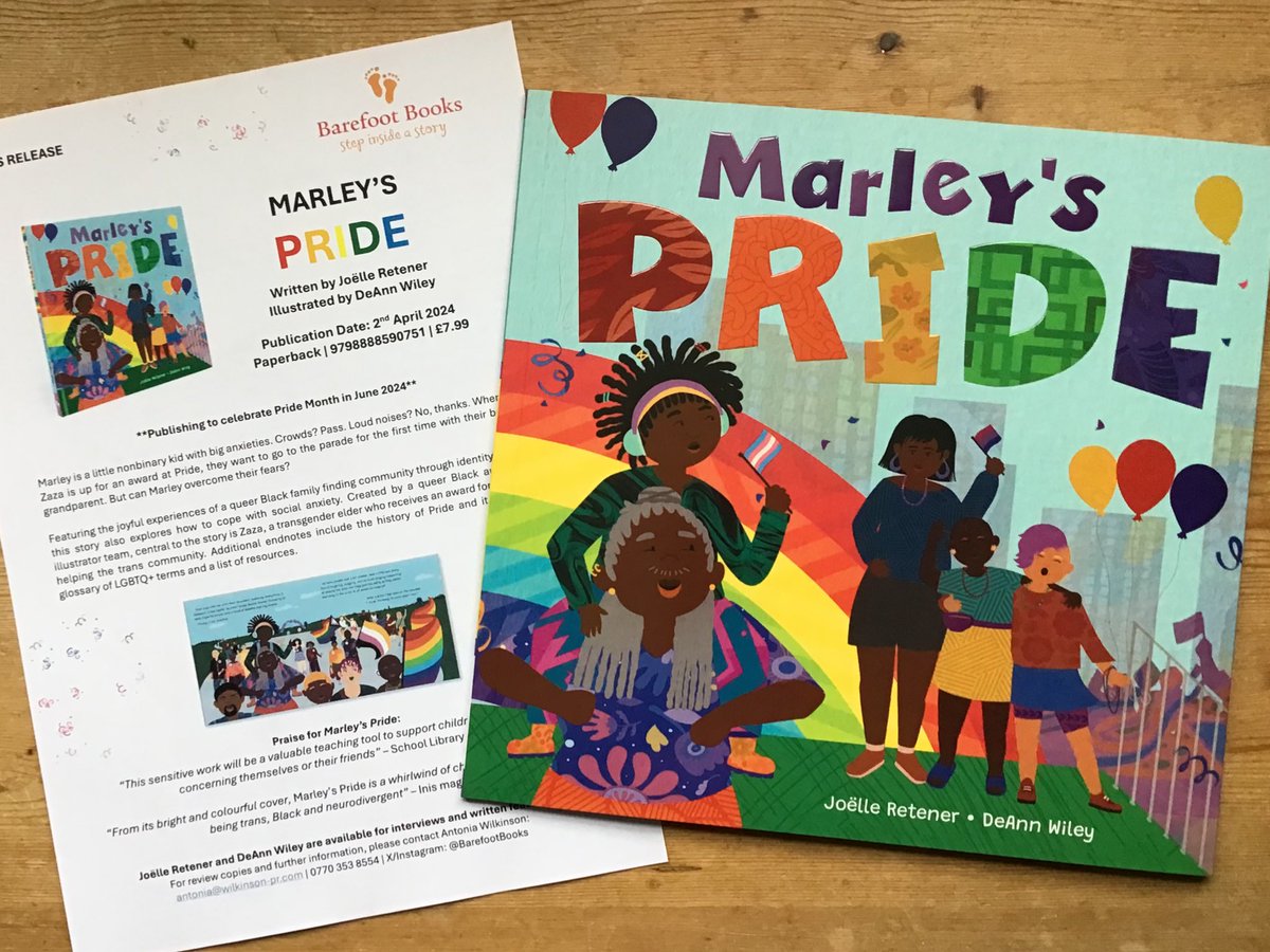 Out now, #PictureBook Marley's Pride by @JoeRetener, illustrated by @DeeLaSheeArt, is the gorgeous story of enby Marley who wants to attend their first Pride with their grandparent but has to overcome their fears to do so. Thanks to @antswilk @BarefootBooks 🏳️‍⚧️🏳️‍🌈⚧️