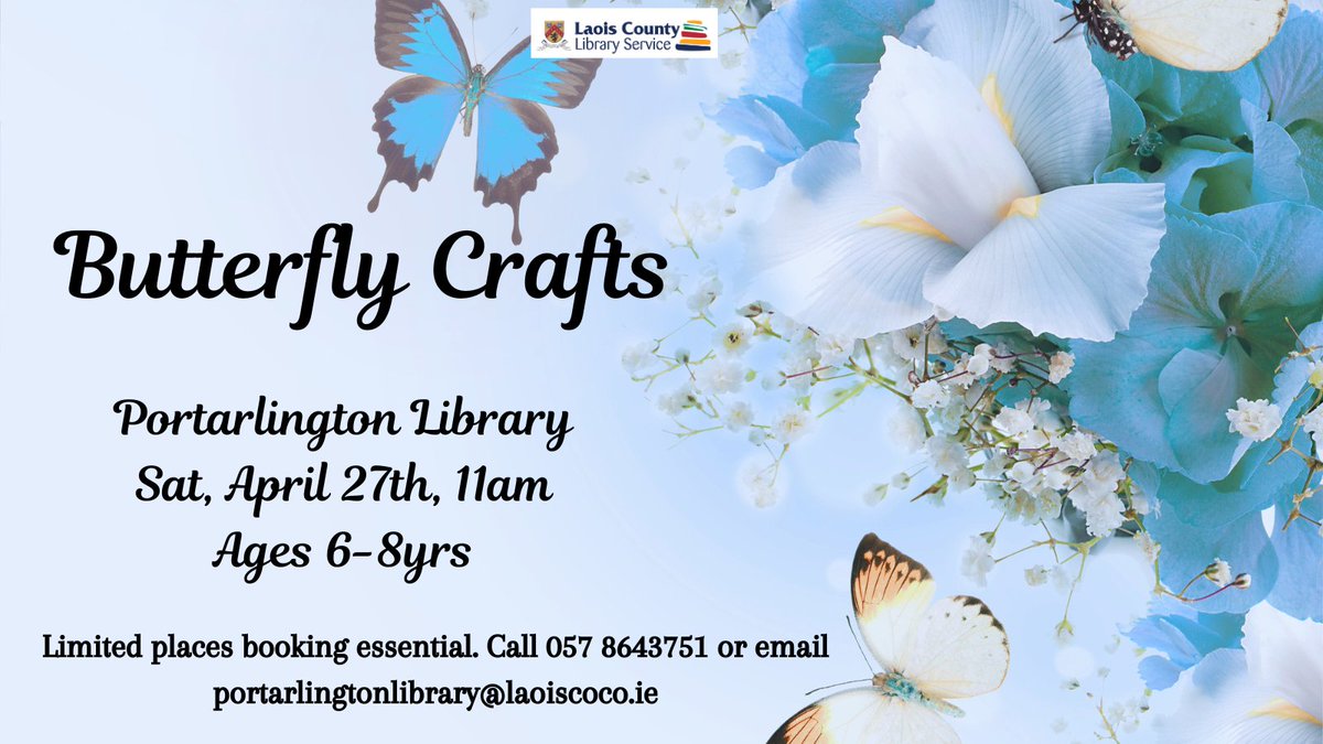Join us in Portarlington Library this Saturday April 27th at 11am for a beautiful butterfly craft workshop. Suitable for 6-8yr olds. Limited places booking essential, call 057 8643751 or email portarlingtonlibrary@laoiscoco.ie
#portarlington #butterfly #crafts #library @love_port