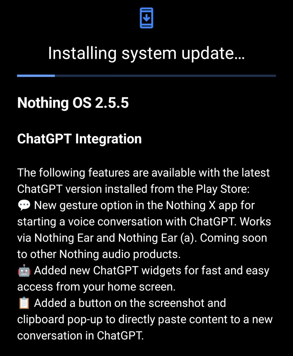 New Update 🔥🔥 Nothing OS 2.5.5 Update For Phone 1 with May Security Patch, ChatGPT Integration & Bugs Fixes - Finally Here✌️✌️ Thanks 
@nothing @getpeid #NothingPhone1 #NOTHING @Technerd_9 @techdroider