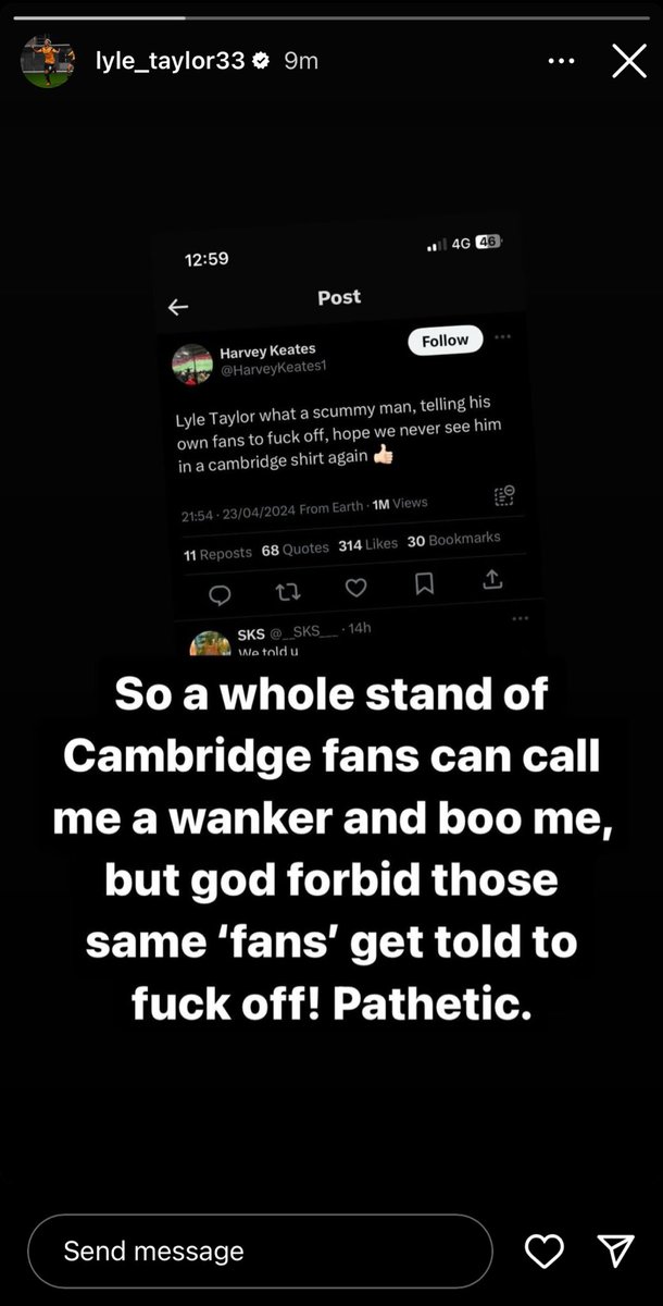 Lyle Taylor’s reaction to criticism from #camUTD fans 👀😬

Via his Instagram story 📸

What’s your thoughts U’s fans? 🤔💭