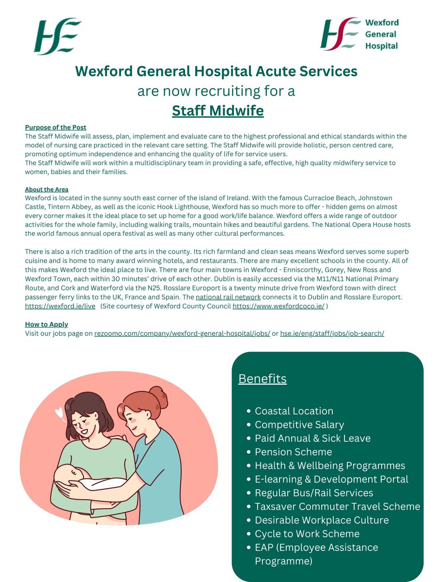 Job opportunity! @WexGenHosp as part of @IEHospitalGroup is currently recruiting for the posts of Staff Midwife. Closing Date: Wednesday 08th May @ 3:00 p.m. For more information and how to apply, go to: rezoomo.com/job/64618/
