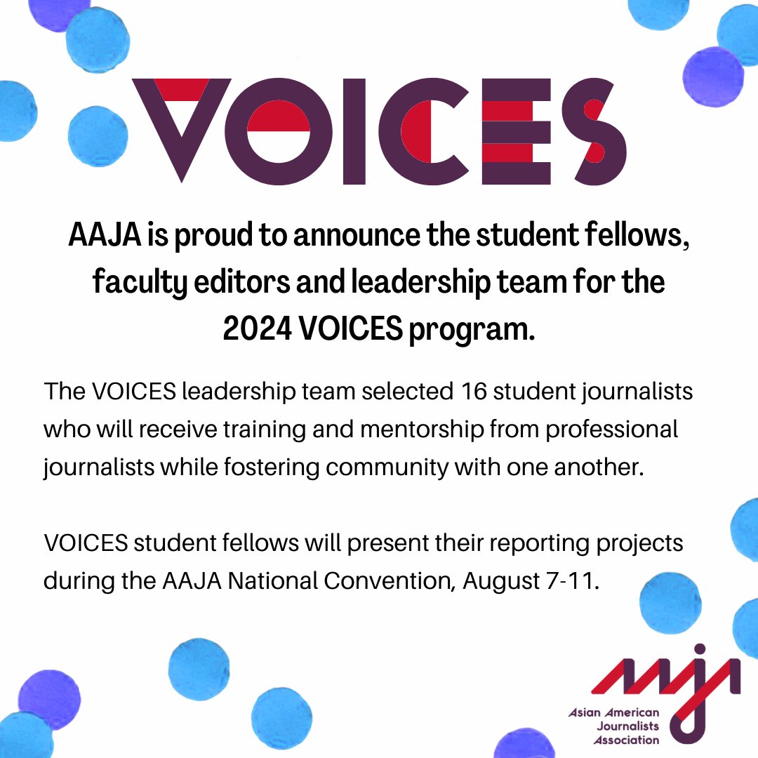 aaja's tweet photo. AAJA is excited to announce the 2024 leadership team and cohort for our VOICES program! @MalloryCarra, @jovellephoto and @gwendolynawu are leading this year’s cohort in their virtual work and in-person at #AAJA24 in Austin, Texas. Learn more: https://t.co/DuXuNxqa0s https://t.co/wlyViCxYNN